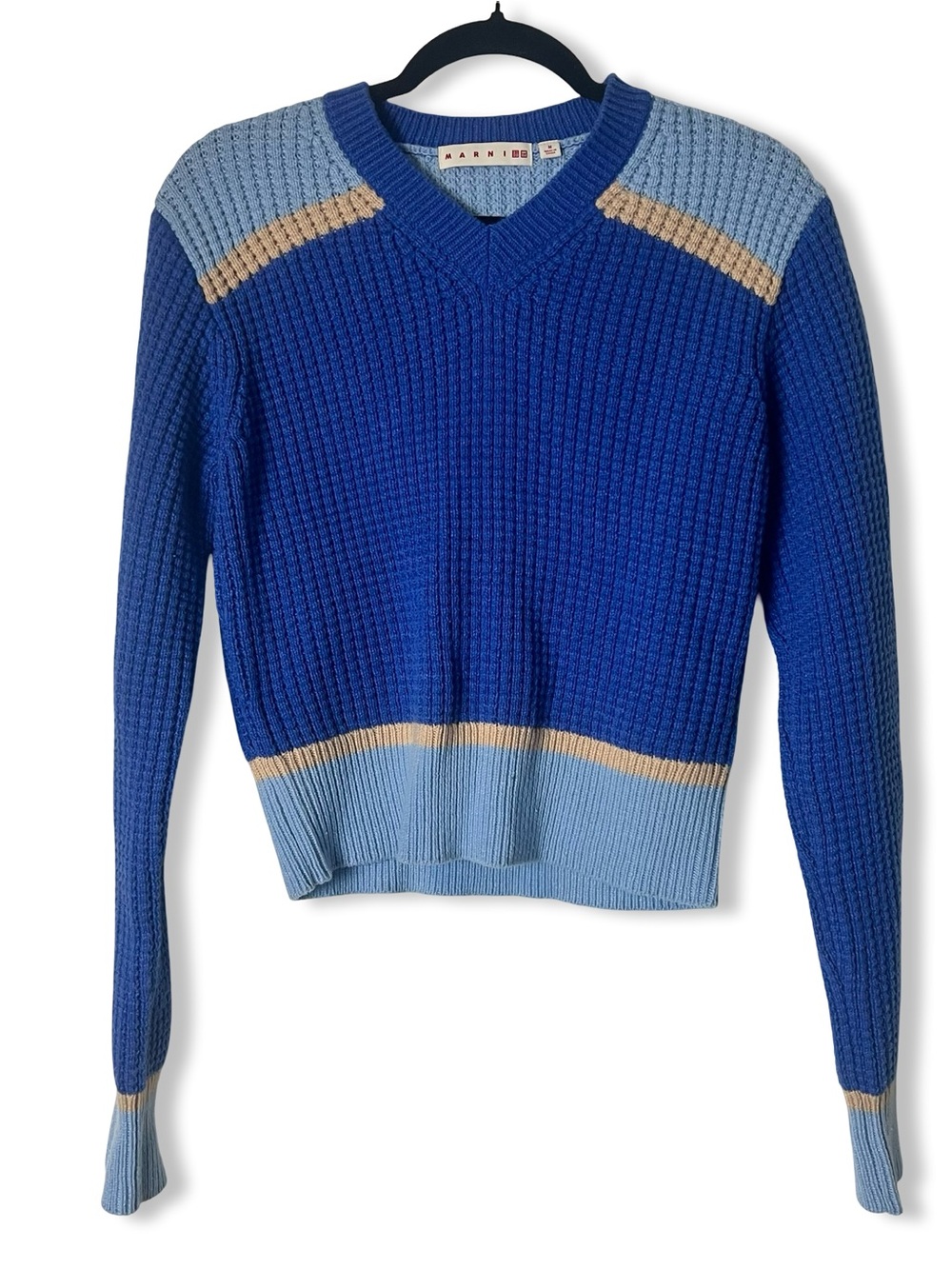 Marni x Uniqlo Knitted V-Neck Long Sleeve Sweater Blue Colorblock Sz. M